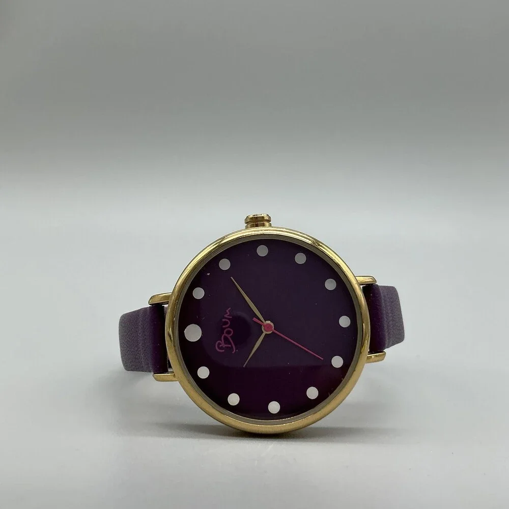 Boum Womens Watch 36mm Purple Dial Gold Tone Leather 3ATM WR New Battery